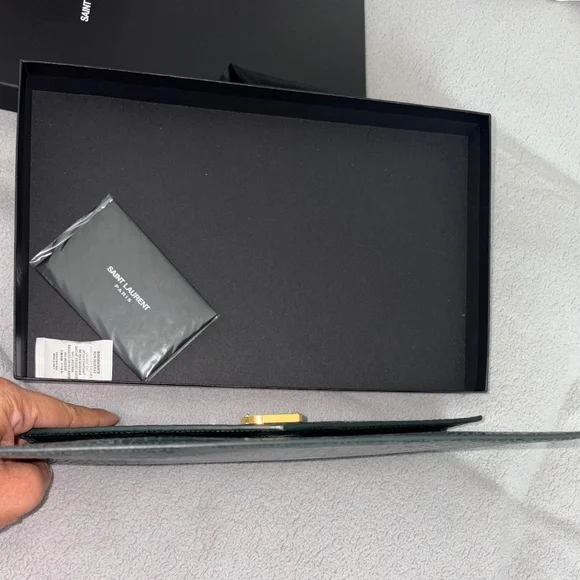 SAINT LAURENT YSL Dark Mint Green Uptown Croc Print Med Envelope Pouch Clutch - Picture 10 of 12